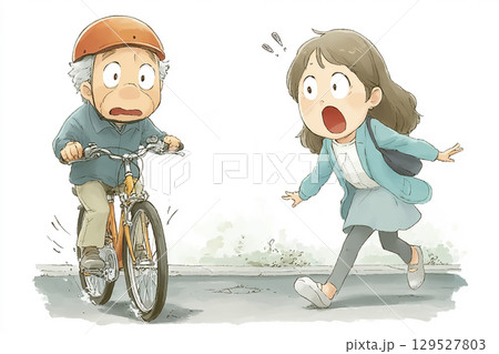 自転車と歩行者が接触寸前で驚き合う安全注意喚起シーン 自転車と歩行者が接触寸前で驚き合う安全注意喚起シーン 129527803