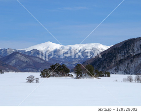 冬の裏磐梯、秋元湖。白い雪原に点在する立木と冠雪の箕輪山が青空に印象的で綺麗だ。 129528002