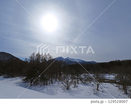 雪原の林と冠雪の磐梯山。空に輝く太陽の周りに虹色の光のリングが印象的で綺麗だ。 雪原の林と冠雪の磐梯山。空に輝く太陽の周りに虹色の光のリングが印象的で綺麗だ。 129528007