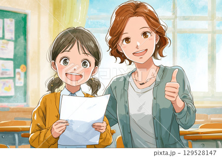 教室でテスト結果を見て喜ぶ小学生と女性教師のイラスト 129528147