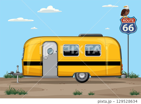 Retro Camper on Route 66 Illustration Retro Camper on Route 66 Illustration 129528634