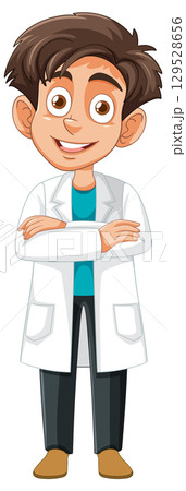 Smiling Young Scientist in Lab Coat Standing Confidently 129528656