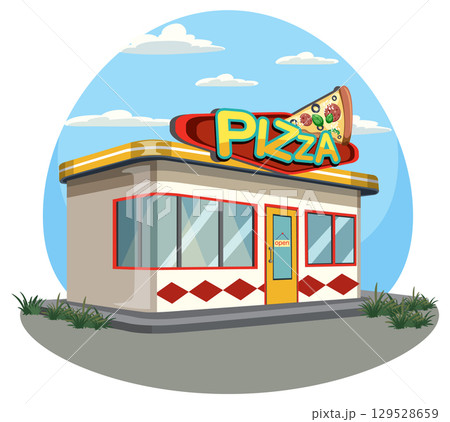 Small Pizza Restaurant Exterior with Bright Signage 129528659