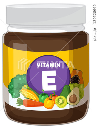 Vitamin E Supplement Jar with Fresh Vegetables and Fruits 129528669