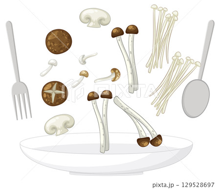 Assorted Mushrooms Falling Onto White Plate Illustration 129528697