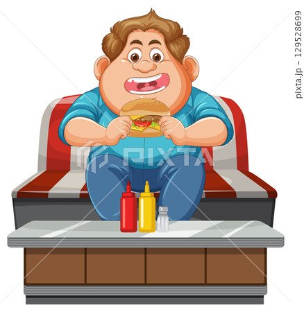 Cheerful Man Enjoying a Burger on Couch 129528699