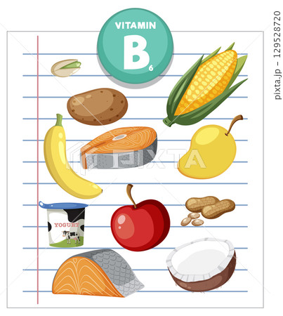Vitamin B6 Rich Foods Illustrated on Lined Paper 129528720