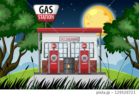 Retro Gas Station at Night with Full Moon 129528721