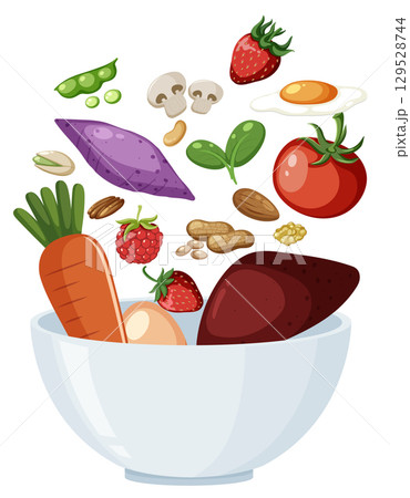 Fresh Vegetables and Nuts Falling Into White Bowl Fresh Vegetables and Nuts Falling Into White Bowl 129528744
