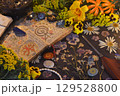Mystic still life with open magic book of spells, flowers, crystals, black candles and witchy ritual objects on old table. Occult, esoteric, gothic and wicca concept Mystic still life with open magic book of spells, flowers, crystals, black candles and witchy ritual objects on old table. Occult, esoteric, gothic and wicca concept 129528800