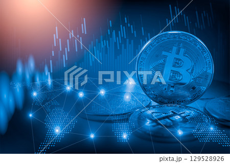 Modern way of exchange. Bitcoin is convenient payment in global economy market. Virtual digital currency and financial investment trade concept. Abstract cryptocurrency with gold bitcoin background. 129528926