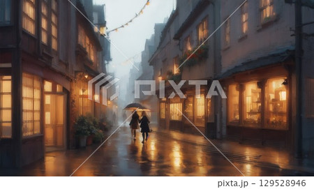 雨で煙るヨーロッパの路地2 129528946