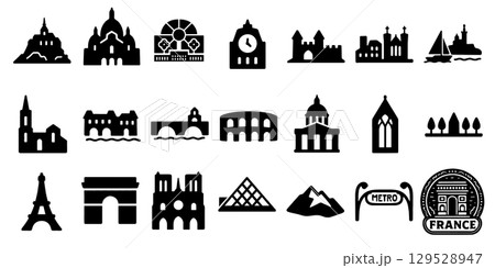 フランスの有名建築と観光名所シルエットアイコンセット 129528947