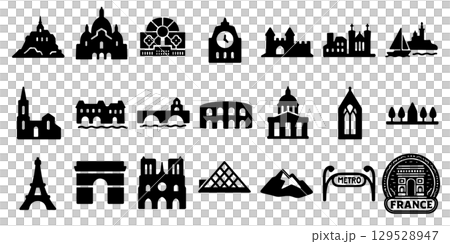Famous French architecture and tourist attractions silhouette icon set Famous French architecture and tourist attractions silhouette icon set 129528947