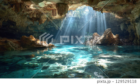 Hidden cenote, clear blue water, sunlight beams, cave, tranquil, Mexico, nature Hidden cenote, clear blue water, sunlight beams, cave, tranquil, Mexico, nature 129529118