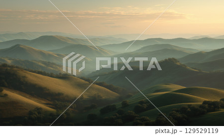 Rolling hills, tranquil landscape, painterly style, morning light, misty atmosphere Rolling hills, tranquil landscape, painterly style, morning light, misty atmosphere 129529119