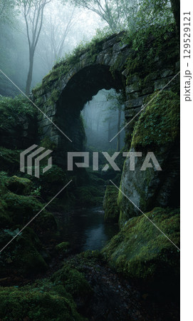 Ancient moss covered stone bridge, misty forest, tranquil, green, nature, arch Ancient moss covered stone bridge, misty forest, tranquil, green, nature, arch 129529121