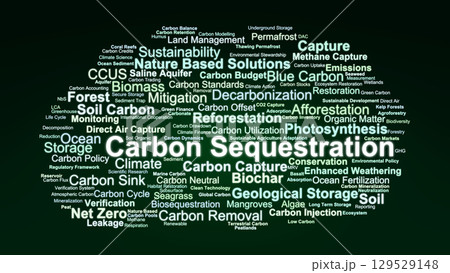 Carbon Sequestration Word Cloud. Key Concepts On CO2 Storage, Climate Mitigation, Ecosystem Solutions, And Sustainable Carbon Management. 129529148
