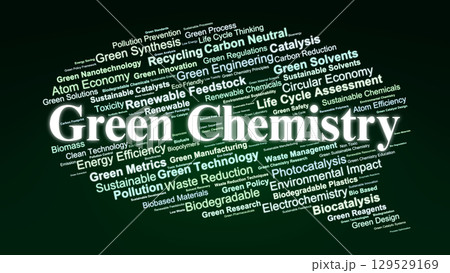 Green Chemistry Word Cloud. Key Concepts on Sustainable Chemical Processes, Eco-Friendly Innovations, Waste Reduction, Catalysis, and Environmental Impact Mitigation. Green Chemistry Word Cloud. Key Concepts on Sustainable Chemical Processes, Eco-Friendly Innovations, Waste Reduction, Catalysis, and Environmental Impact Mitigation. 129529169