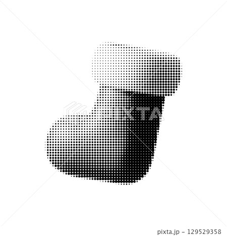 Christmas stocking vector illustration in halftone black and white style. Minimal festive sock perfect for holiday cards, winter packaging, seasonal decor, and vintage Christmas designs. 129529358