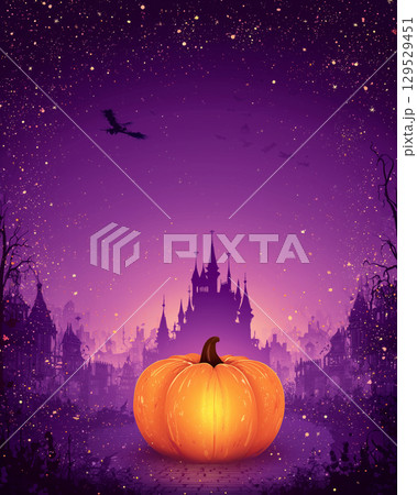 ハロウィンチラシ用イラスト・紫の背景で大きなカボチャとお城のシルエット 129529451