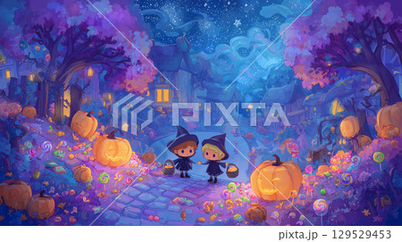 絵本風のハロウィン背景と仮装した小さな女の子と男の子 絵本風のハロウィン背景と仮装した小さな女の子と男の子 129529453