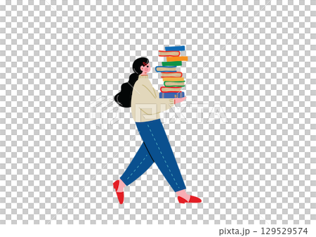 たくさんの本を抱えて歩く女性 129529574
