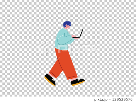 一名男子邊走邊使用筆記型電腦 129529576