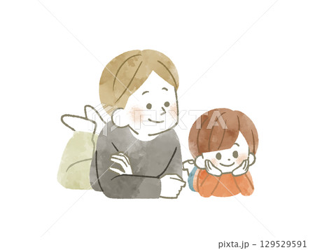 笑顔で同じ方向を見ている親子-水彩 129529591