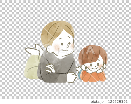 笑顔で同じ方向を見ている親子-水彩 129529591