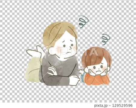 父母和孩子帶著困惑的表情望向同一個方向——水彩畫 父母和孩子帶著困惑的表情望向同一個方向——水彩畫 129529596