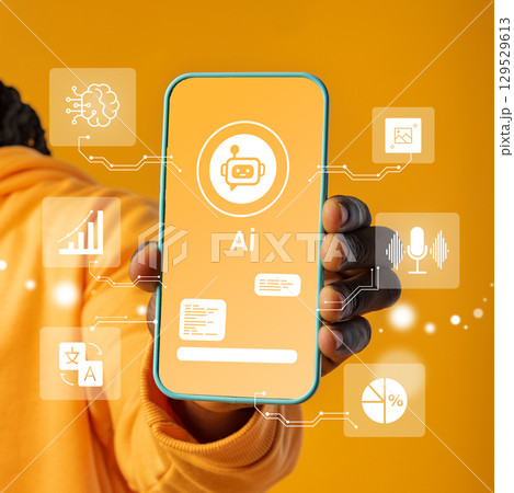 Demonstrating artificial intelligence technology on a smartphone with innovative applications and interfaces in a bright setting 129529613