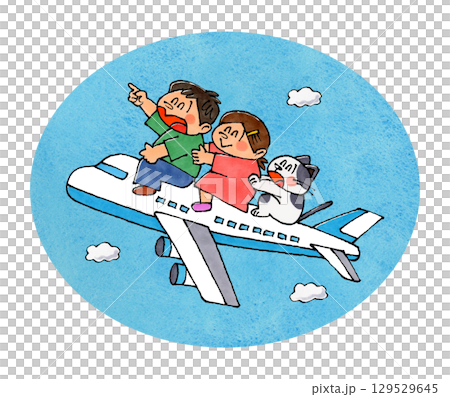 飛機上的孩子和貓（水彩藍天） 129529645