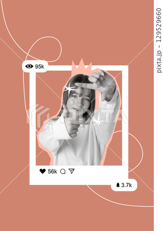 Young woman expressing positivity with thumbs-up gesture in creative social media post design 129529660