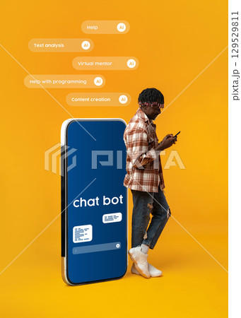 Innovative chat bot technology assists users with various tasks in a bright yellow environment Innovative chat bot technology assists users with various tasks in a bright yellow environment 129529811