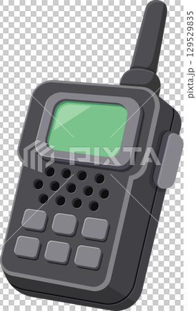 Cartoon image of a gray walkie-talkie with a green screen display for portable communication use. 129529835