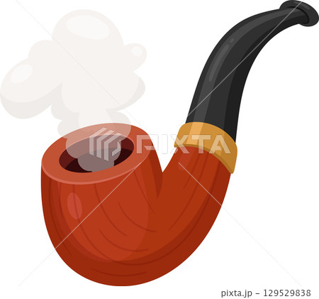 A classic smoking pipe with a curved stem, crafted from polished wood, emitting a plume of smoke gracefully. A classic smoking pipe with a curved stem, crafted from polished wood, emitting a plume of smoke gracefully. 129529838