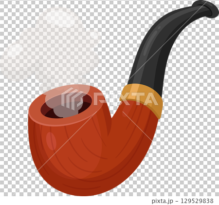 A classic smoking pipe with a curved stem, crafted from polished wood, emitting a plume of smoke gracefully. A classic smoking pipe with a curved stem, crafted from polished wood, emitting a plume of smoke gracefully. 129529838