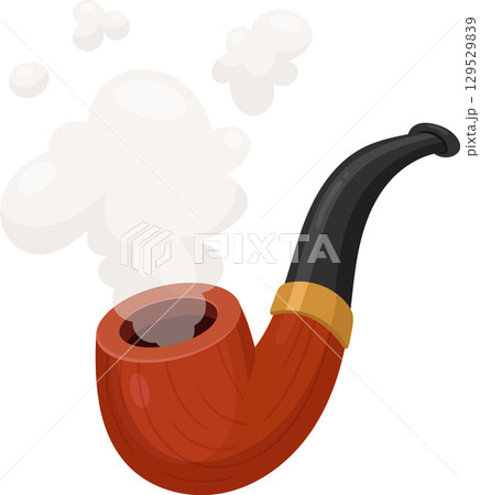 Cartoon smoking pipe with white smoke billowing upward, classic design. A symbol of relaxation and leisure. Cartoon smoking pipe with white smoke billowing upward, classic design. A symbol of relaxation and leisure. 129529839