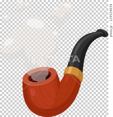 Cartoon smoking pipe with white smoke billowing upward, classic design. A symbol of relaxation and leisure. Cartoon smoking pipe with white smoke billowing upward, classic design. A symbol of relaxation and leisure. 129529839