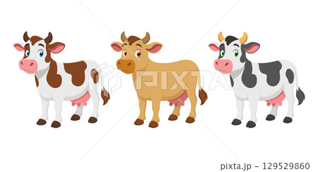 Cartoon cows standing together. Farm animals with varied colors and spots standing side by side happily. 129529860