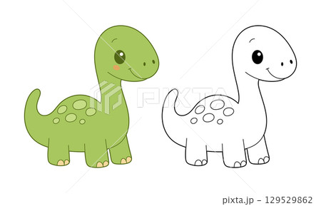 A cute green dinosaur and its black and white outline version, both featuring a smiling expression. 129529862
