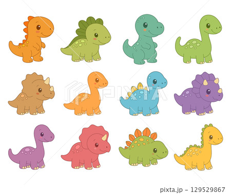 Twelve cartoon dinosaurs in various colors and shapes stand together in a simple and cute illustration. 129529867