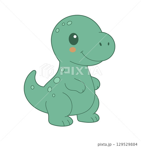 Cute cartoon dinosaur with green skin and simple design, perfect for children's illustrations or educational resources. 129529884