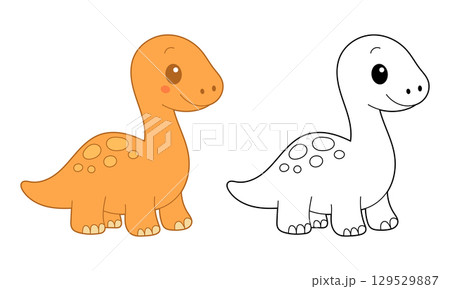 Cute Cartoon Dinosaurs: One colored orange, one in black and white, perfect for coloring pages. 129529887