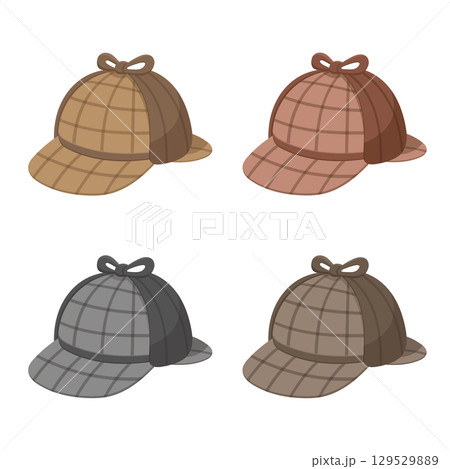 A collection of four stylized detective hats in various earth-tone shades, displaying their plaid patterns. 129529889