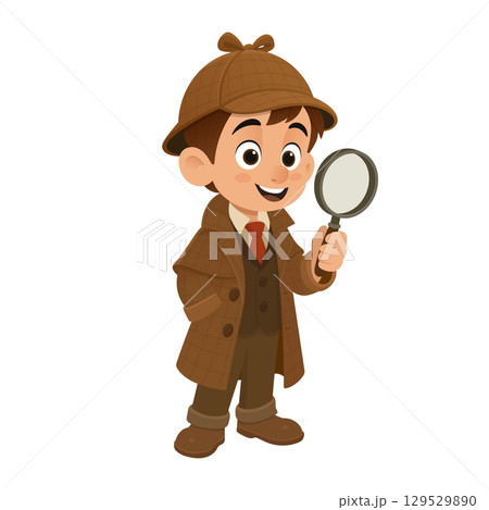 Young boy dressed as a detective holding a magnifying glass, ready to solve a mystery with a smile. 129529890
