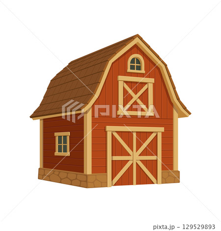 Cartoon red barn with brown roof and yellow trim isolated on white. Double doors and small windows. Cartoon red barn with brown roof and yellow trim isolated on white. Double doors and small windows. 129529893