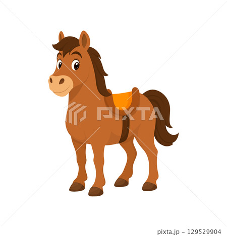 Cartoon horse with a saddle stands on a white background, looking friendly and ready for a ride. 129529904