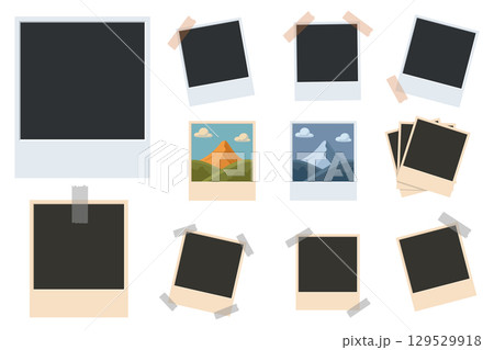 A collection of instant photo frames, some blank, some with mountain landscapes, arranged creatively. 129529918